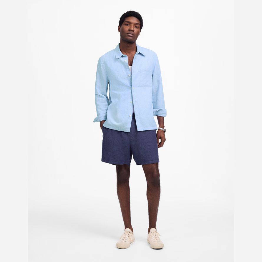 blue madewell button-up cotton-linen blend mens shirts