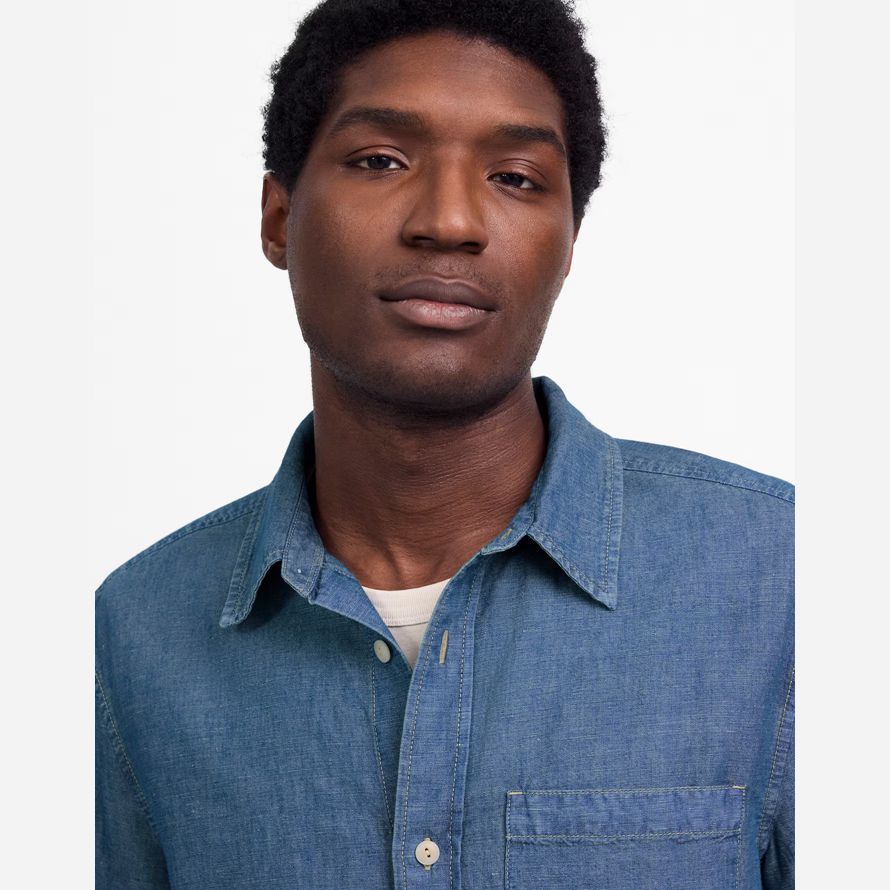 mens madewell chambray button-up cotton-linen blend shirts blue