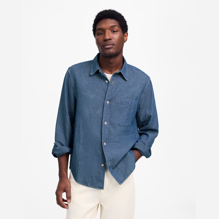mens madewell chambray button-up cotton-linen blend shirts blue