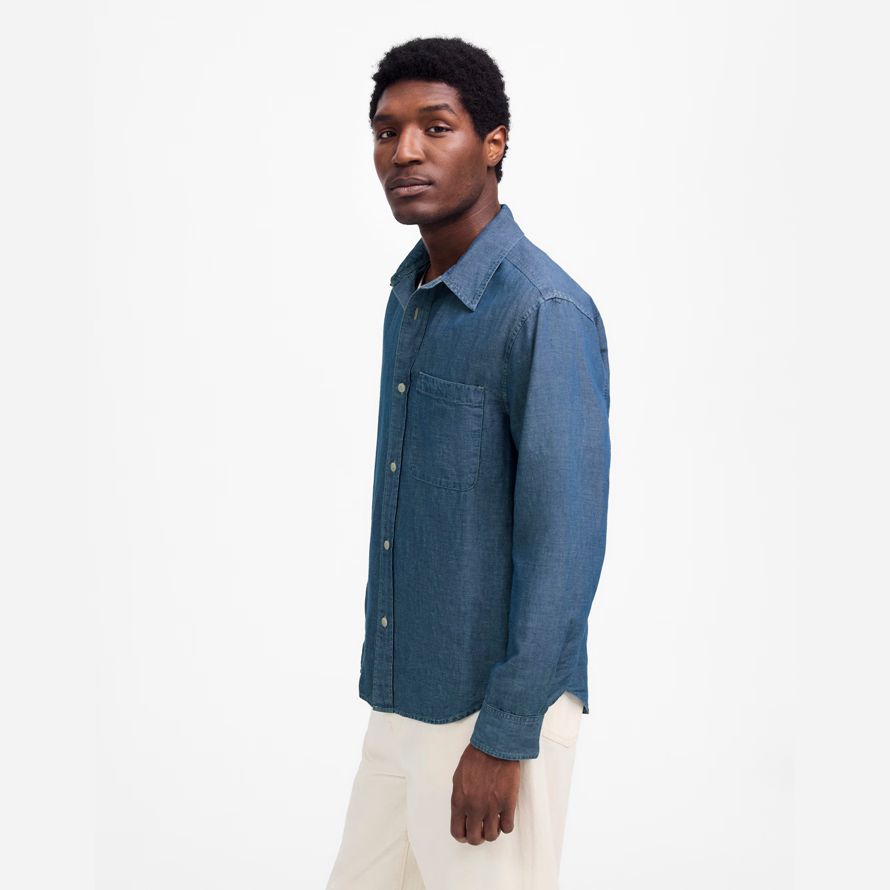 mens madewell chambray button-up cotton-linen blend shirts blue