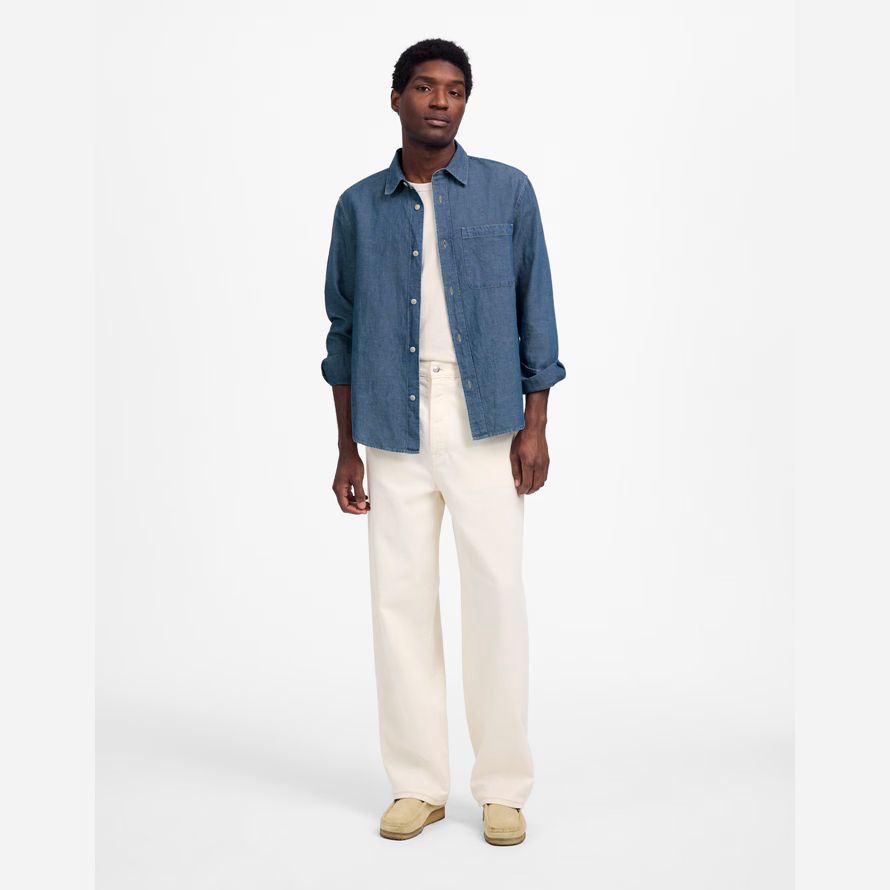 mens madewell chambray button-up cotton-linen blend shirts blue