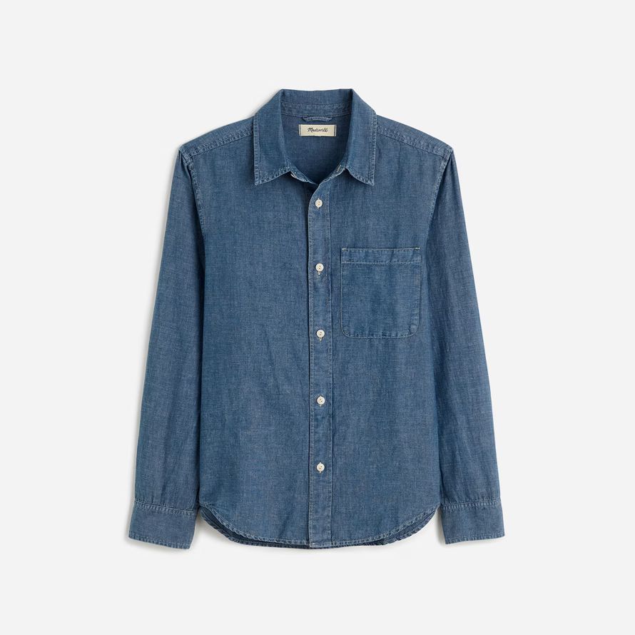 mens madewell chambray button-up cotton-linen blend shirts blue