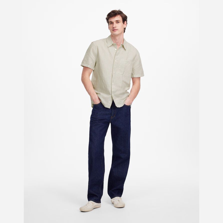 light green mens madewell button-up short cotton-linen blend shirts