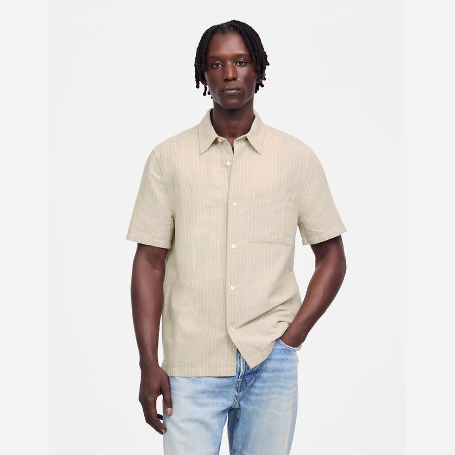 mens madewell button-up short cotton-linen blend shirts beige