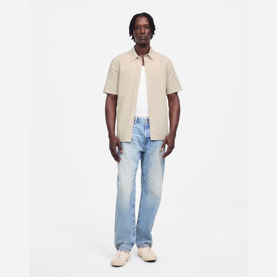 mens madewell button-up short cotton-linen blend shirts beige