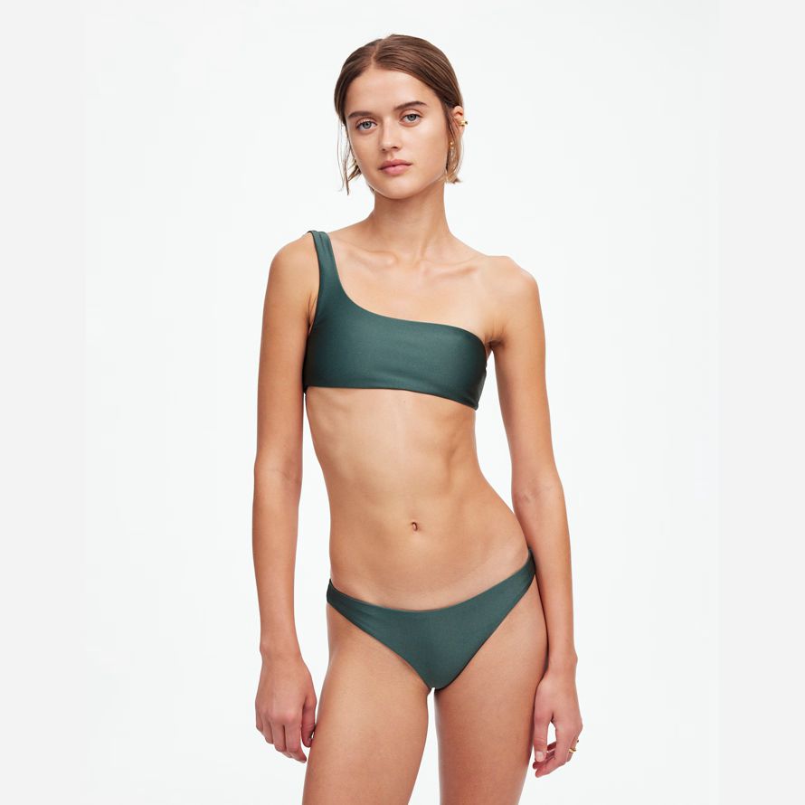 womens madewell jade swimᆴ eliza one-shoulder bikini top dark green