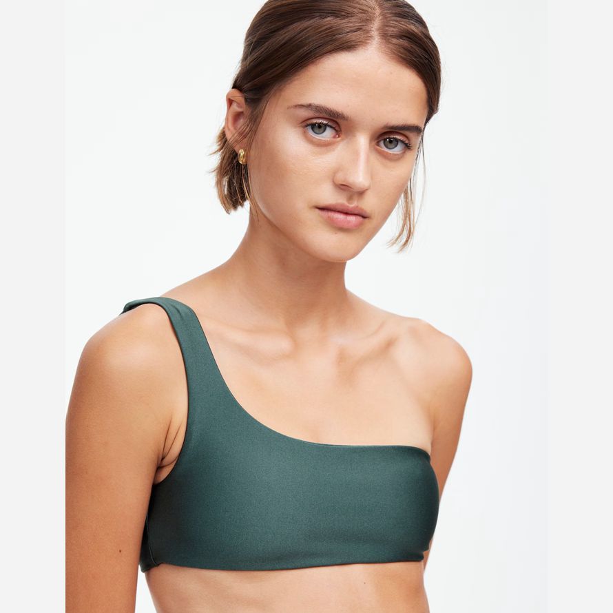 womens madewell jade swimᆴ eliza one-shoulder bikini top dark green