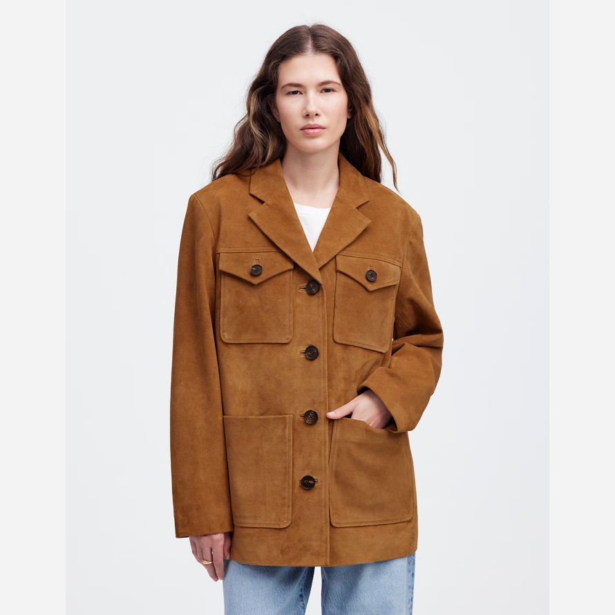 womens madewell long chore suede blazer brown