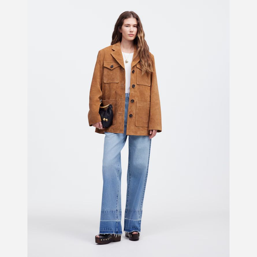 womens madewell long chore suede blazer brown