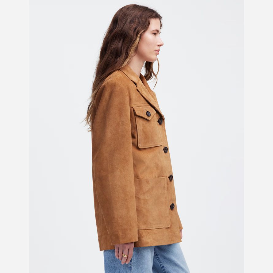 womens madewell long chore suede blazer brown