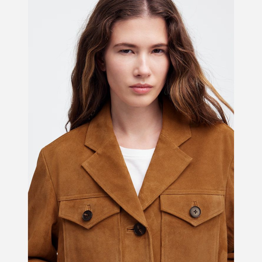 womens madewell long chore suede blazer brown