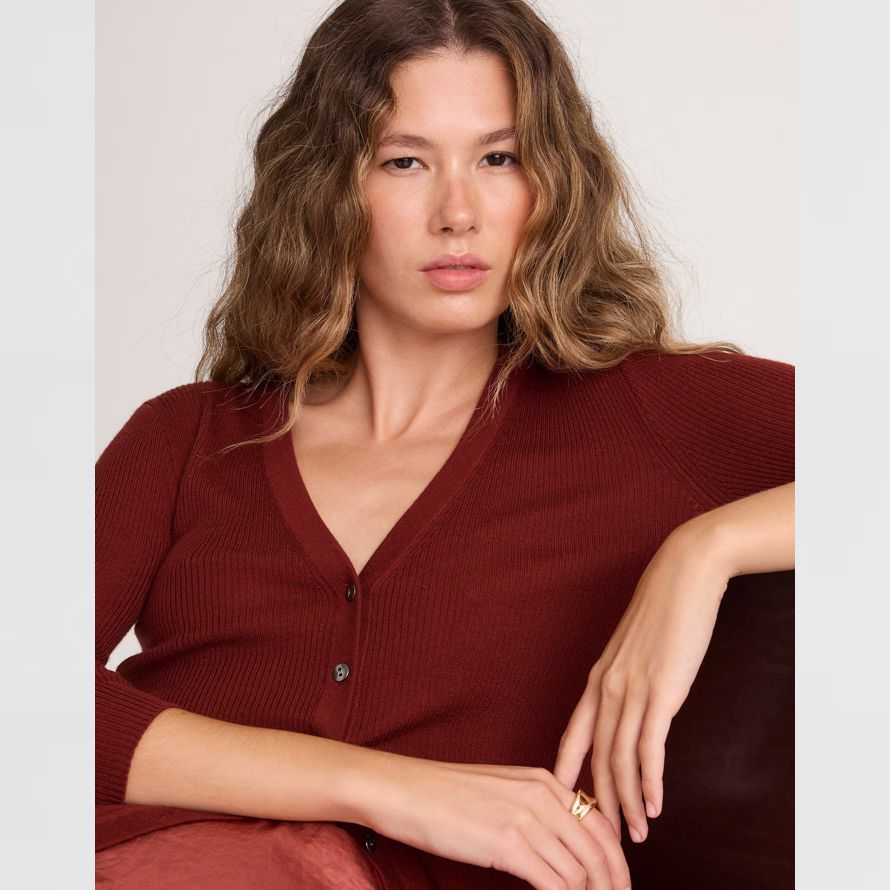 red brown womens madewell deep v-neck merino-silk blend cardigan