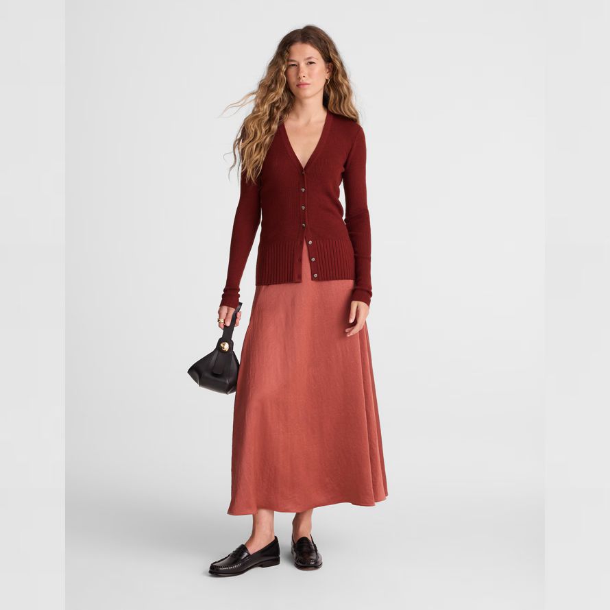 red brown womens madewell deep v-neck merino-silk blend cardigan