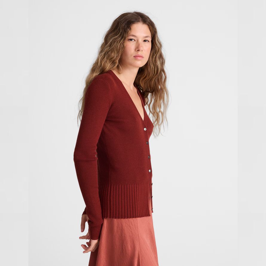 red brown womens madewell deep v-neck merino-silk blend cardigan