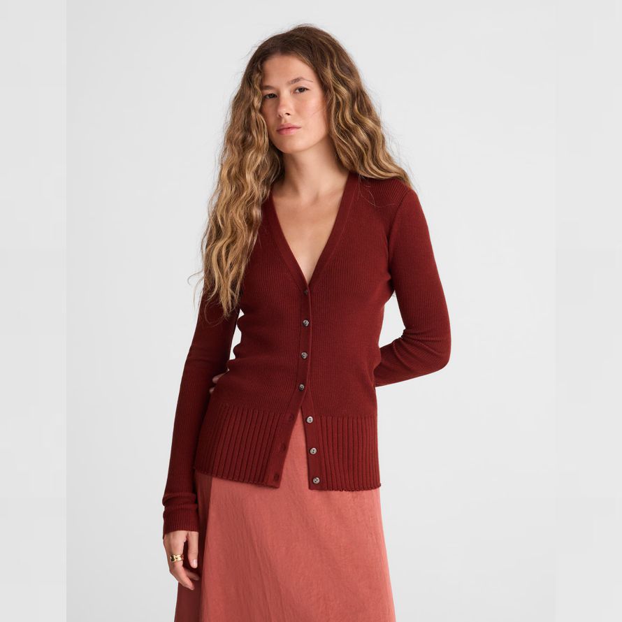 red brown womens madewell deep v-neck merino-silk blend cardigan