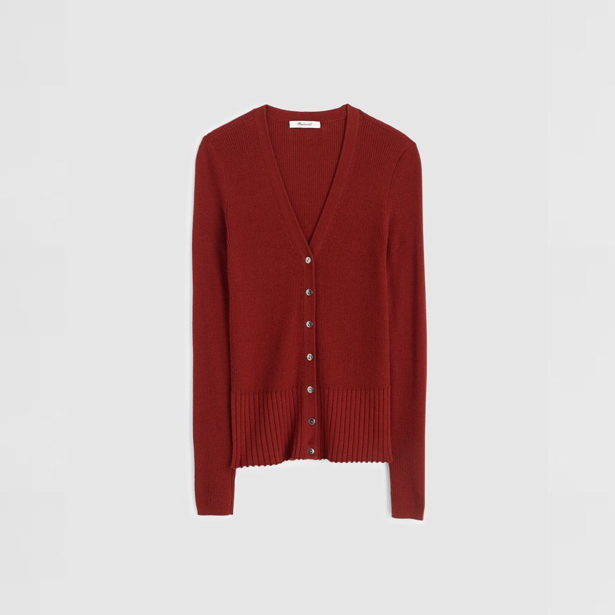 red brown womens madewell deep v-neck merino-silk blend cardigan