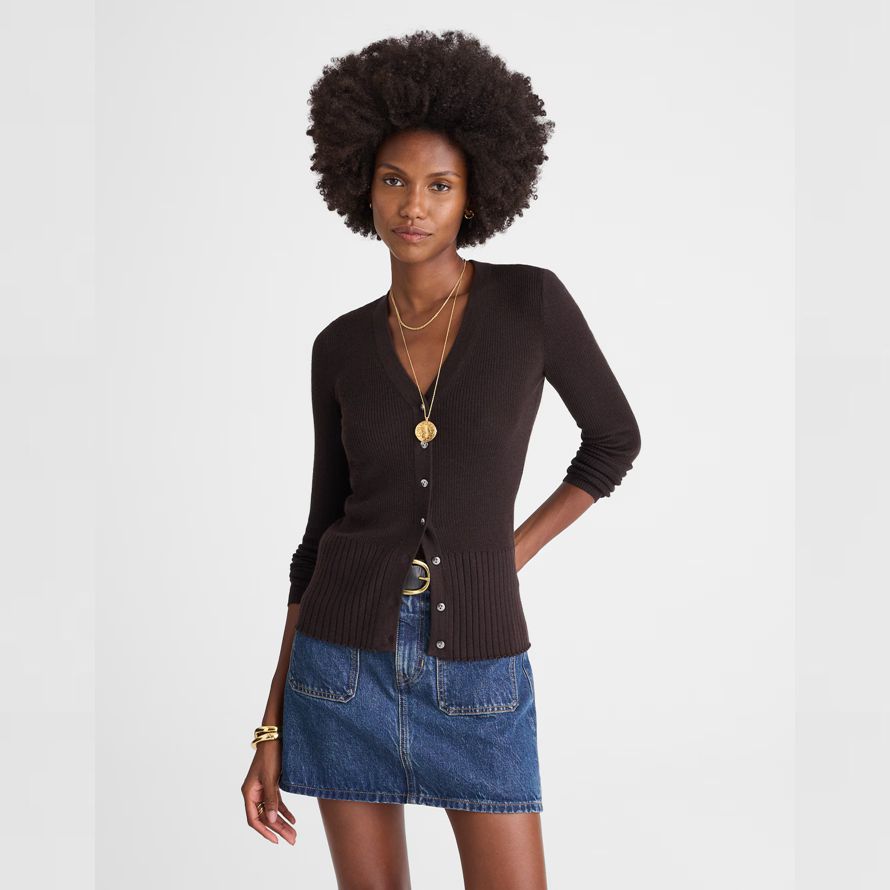 dark brown madewell deep v-neck merino-silk blend womens cardigan