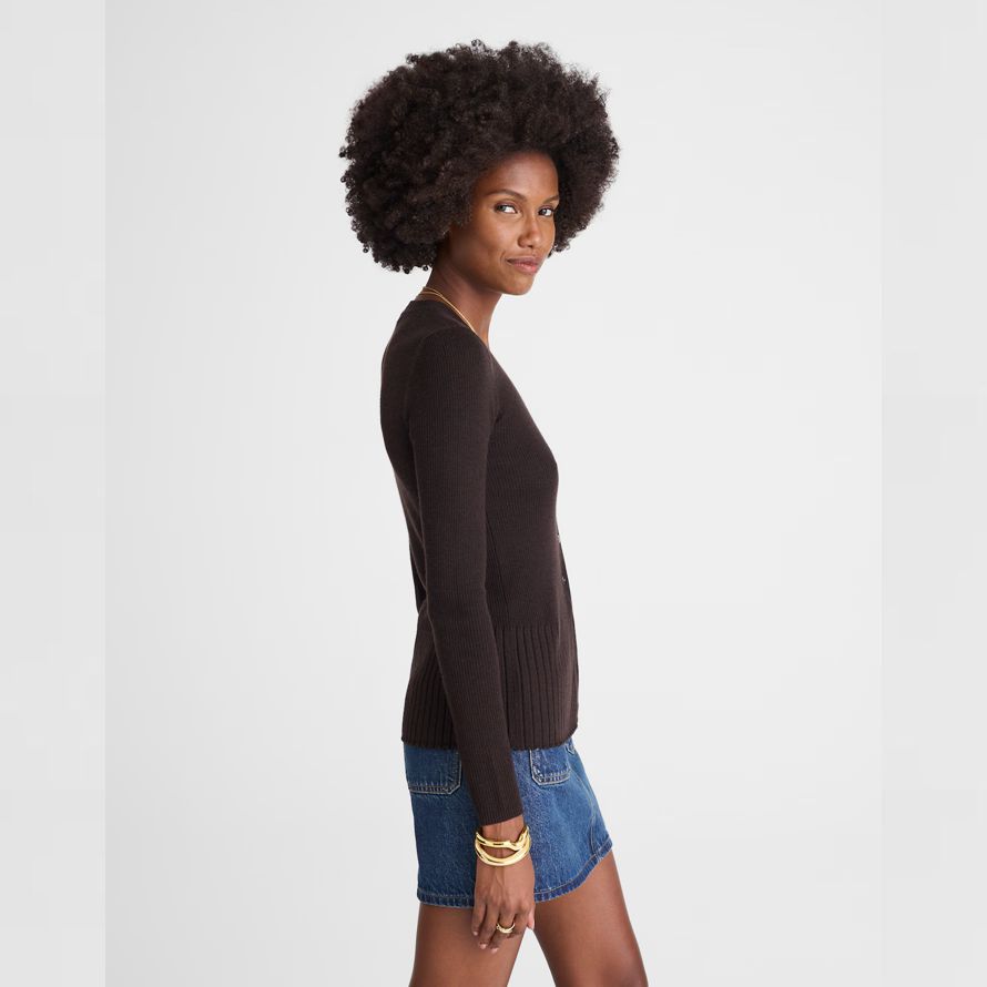 dark brown madewell deep v-neck merino-silk blend womens cardigan