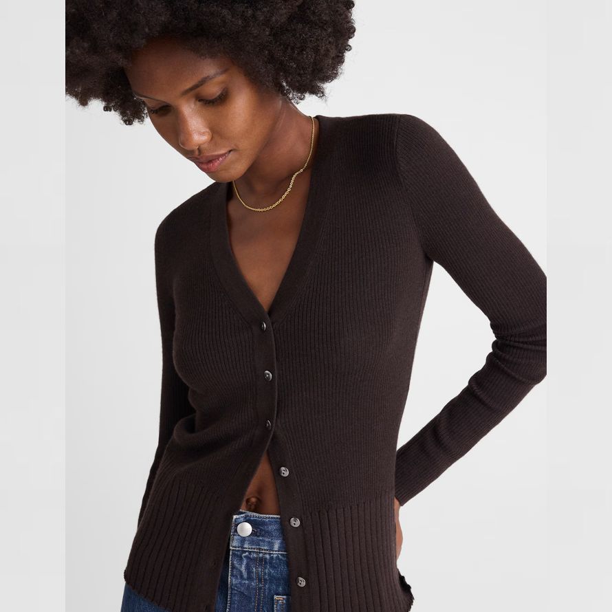 dark brown madewell deep v-neck merino-silk blend womens cardigan