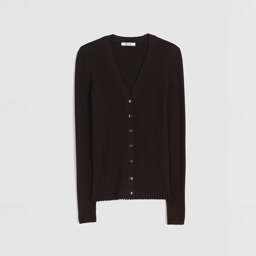 dark brown madewell deep v-neck merino-silk blend womens cardigan