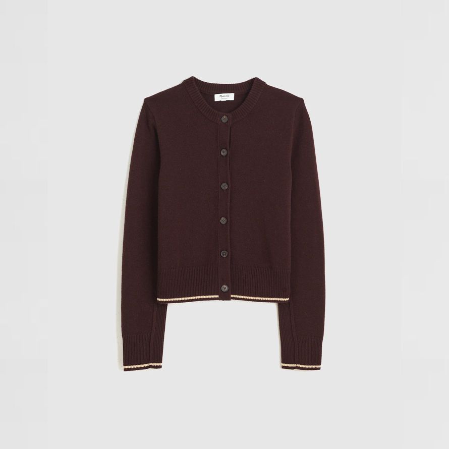 dark brown womens madewell cashmere button-front cardigan