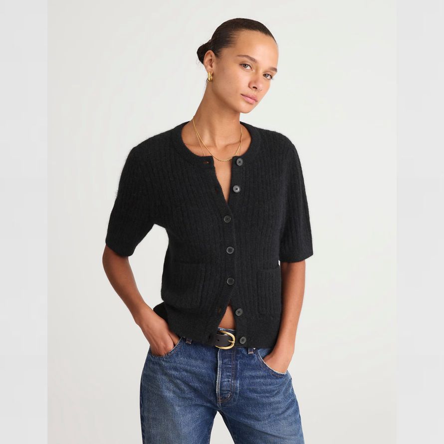 black womens madewell patch-pocket puff-sleeve cardigan