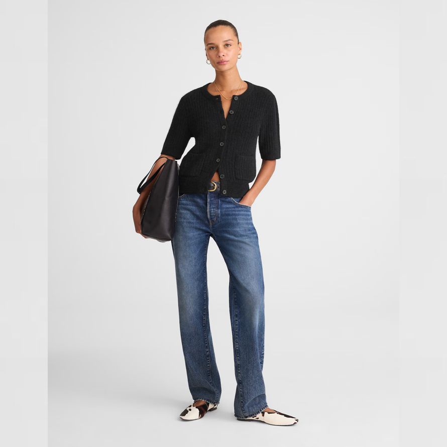 black womens madewell patch-pocket puff-sleeve cardigan