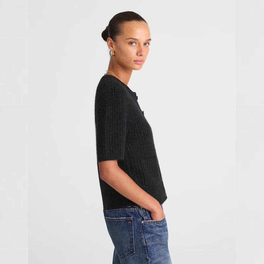 black womens madewell patch-pocket puff-sleeve cardigan
