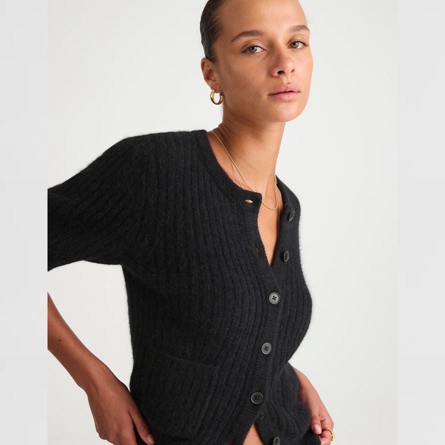black womens madewell patch-pocket puff-sleeve cardigan
