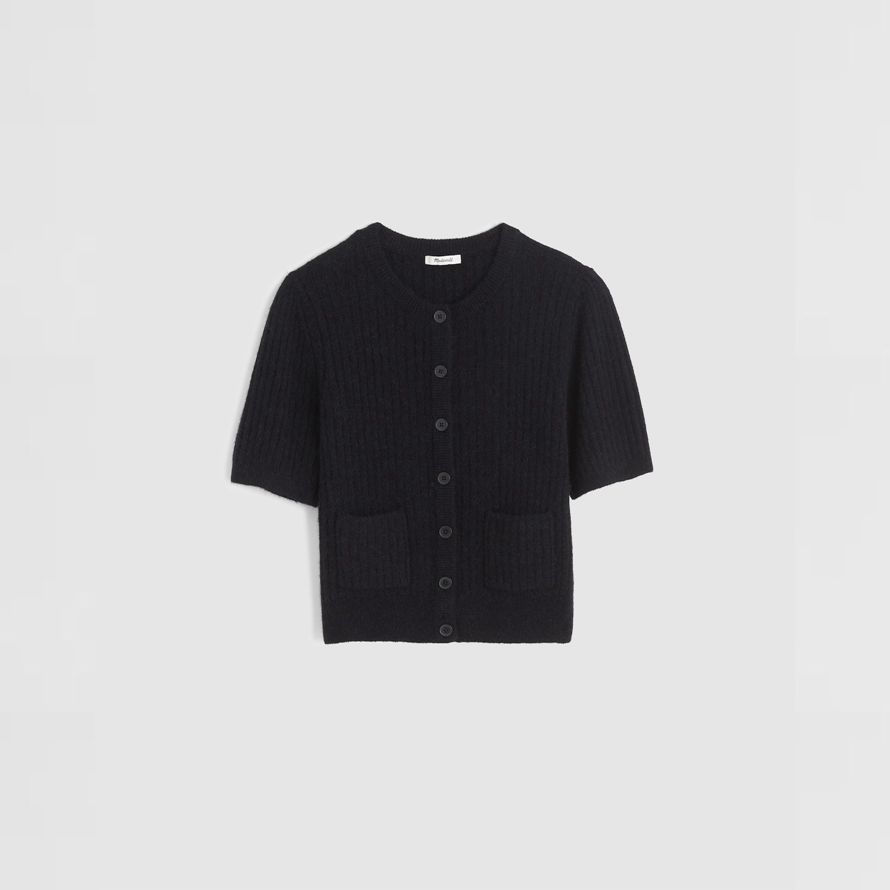 black womens madewell patch-pocket puff-sleeve cardigan