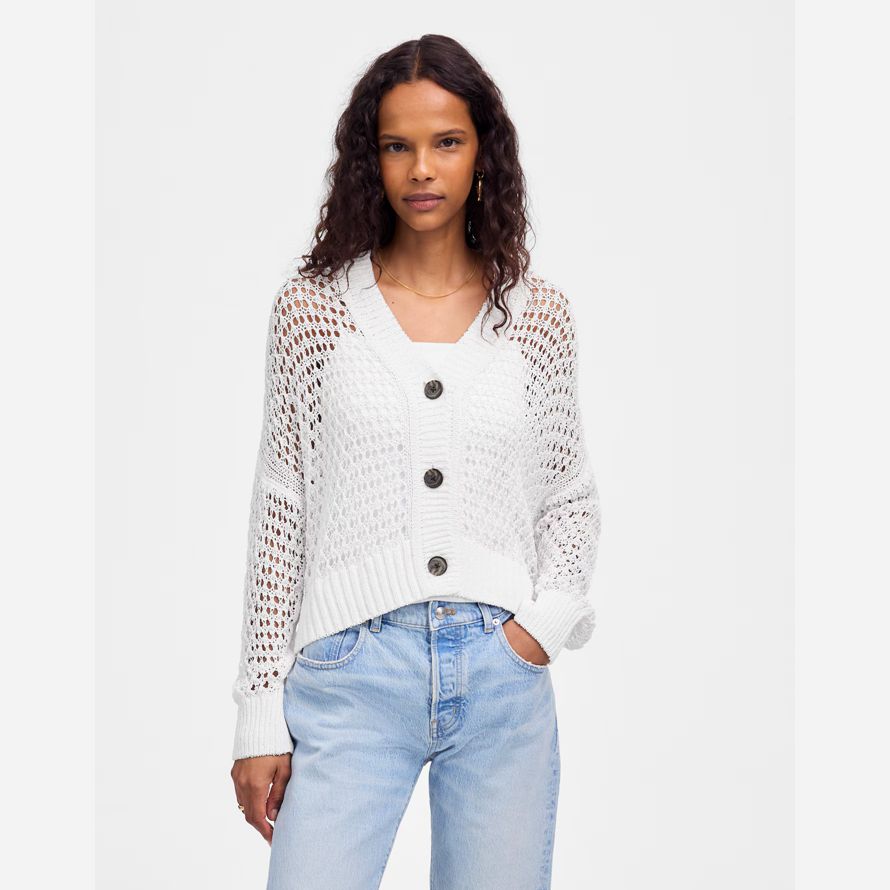 white womens madewell open-stitch v-neck cardigan