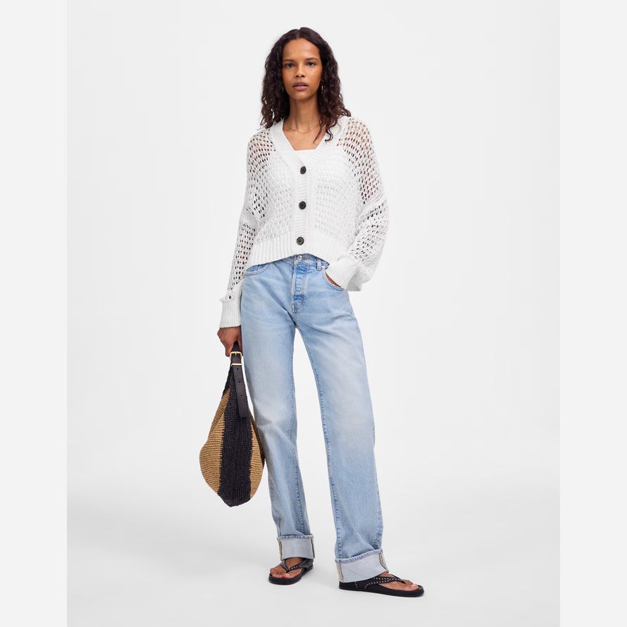 white womens madewell open-stitch v-neck cardigan
