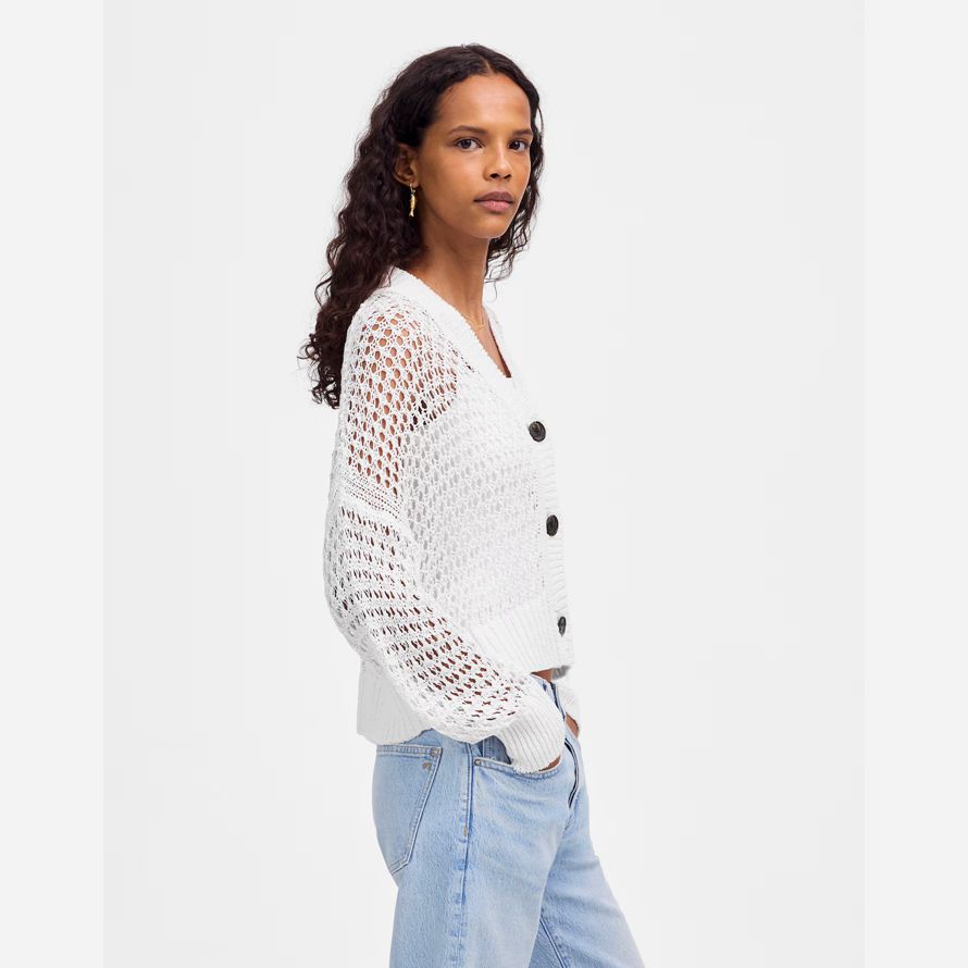 white womens madewell open-stitch v-neck cardigan