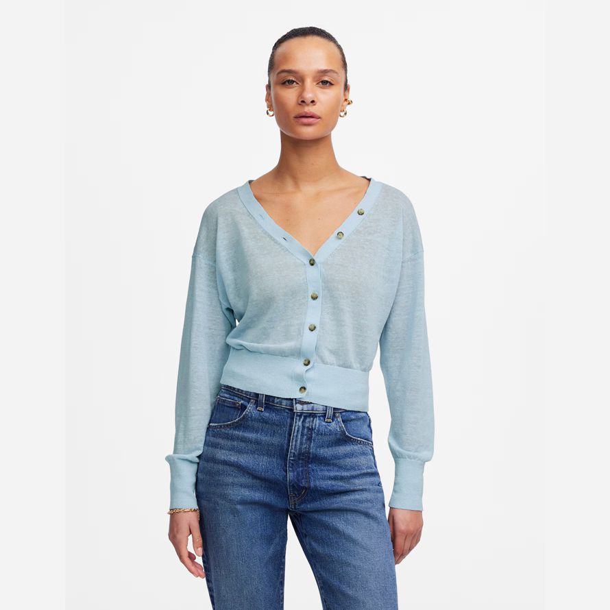 madewell linen-blend v-neck womens cardigan light blue