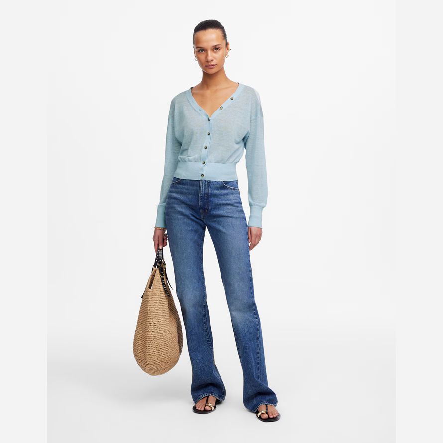 madewell linen-blend v-neck womens cardigan light blue