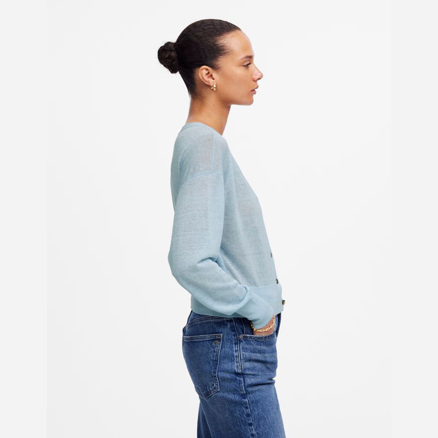 madewell linen-blend v-neck womens cardigan light blue