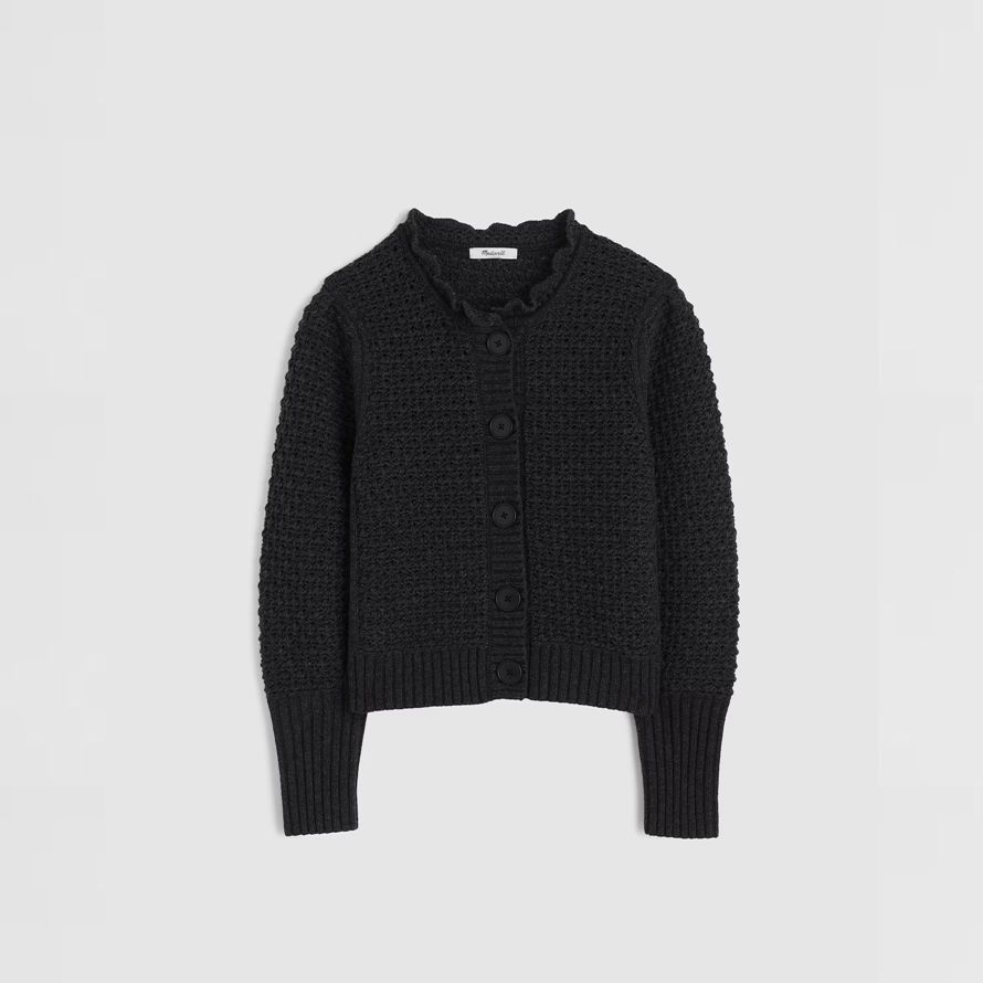 dark grey madewell scalloped merino wool-blend womens cardigan