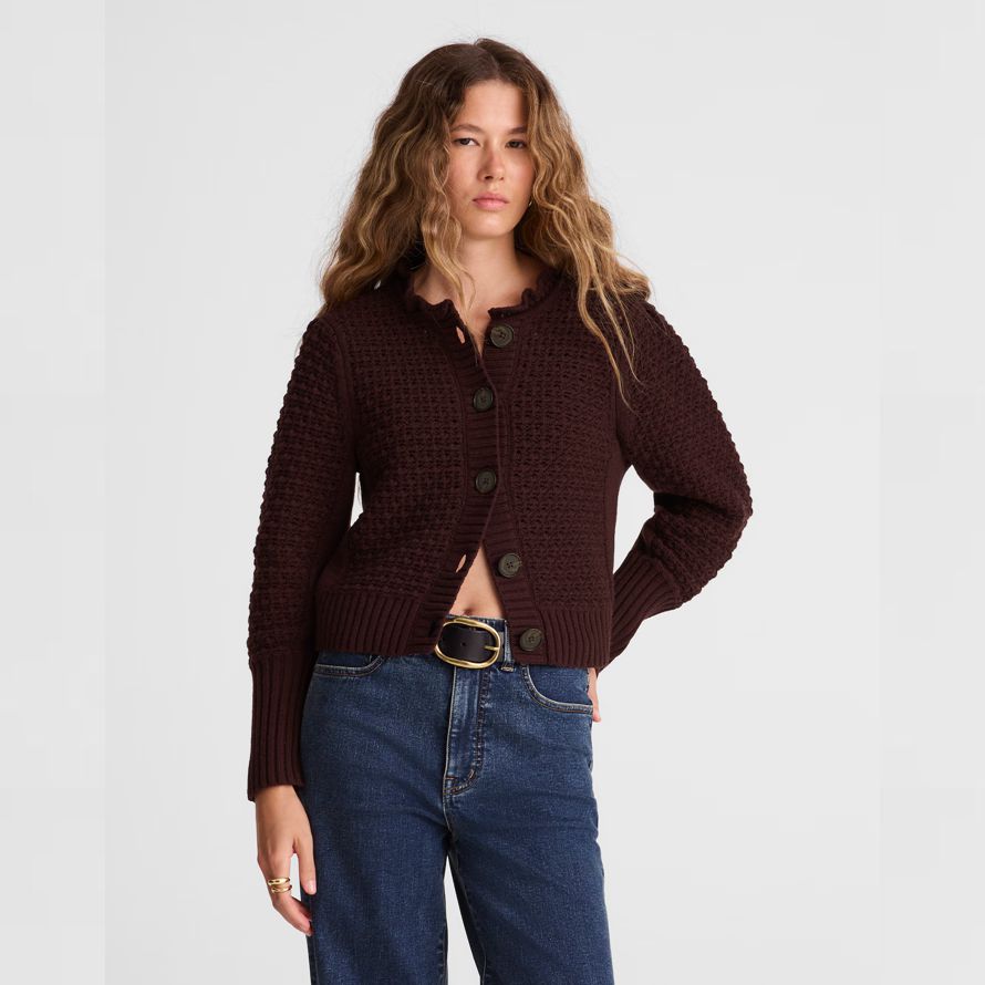 dark brown madewell scalloped merino wool-blend womens cardigan