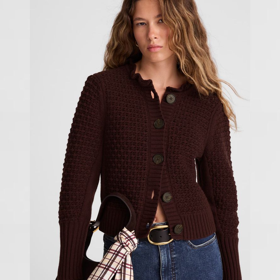 dark brown madewell scalloped merino wool-blend womens cardigan