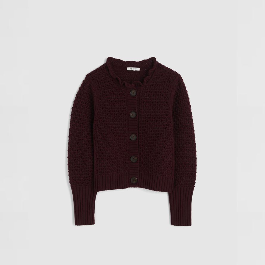 dark brown madewell scalloped merino wool-blend womens cardigan