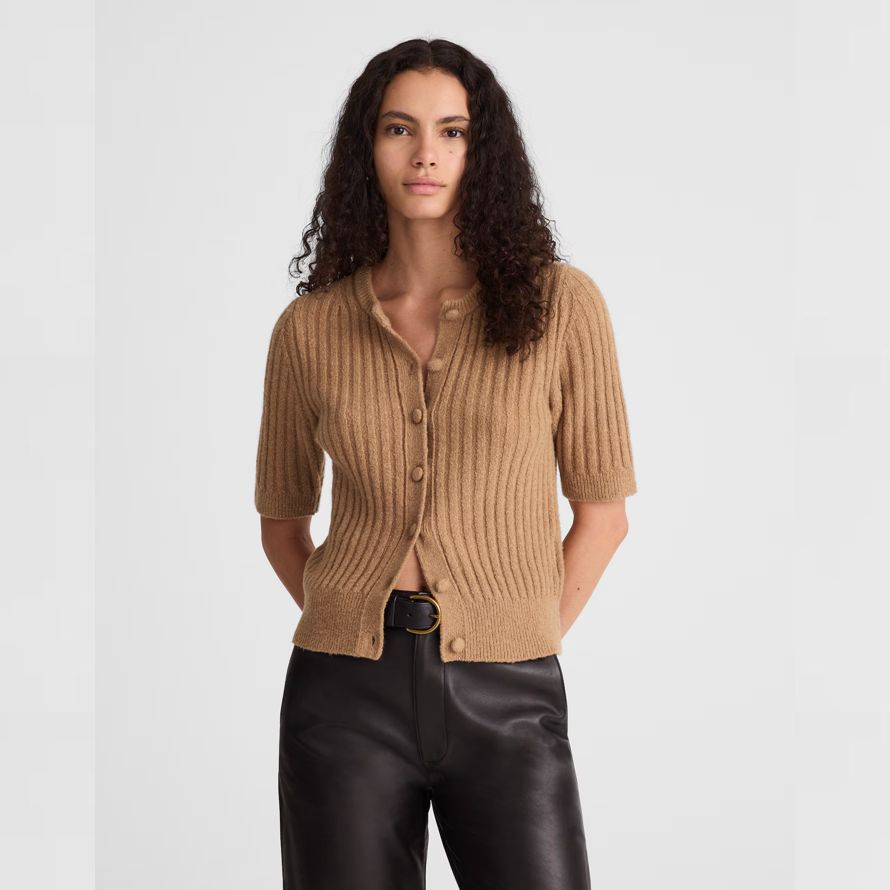 brown madewell short puff-sleeve womens cardigan