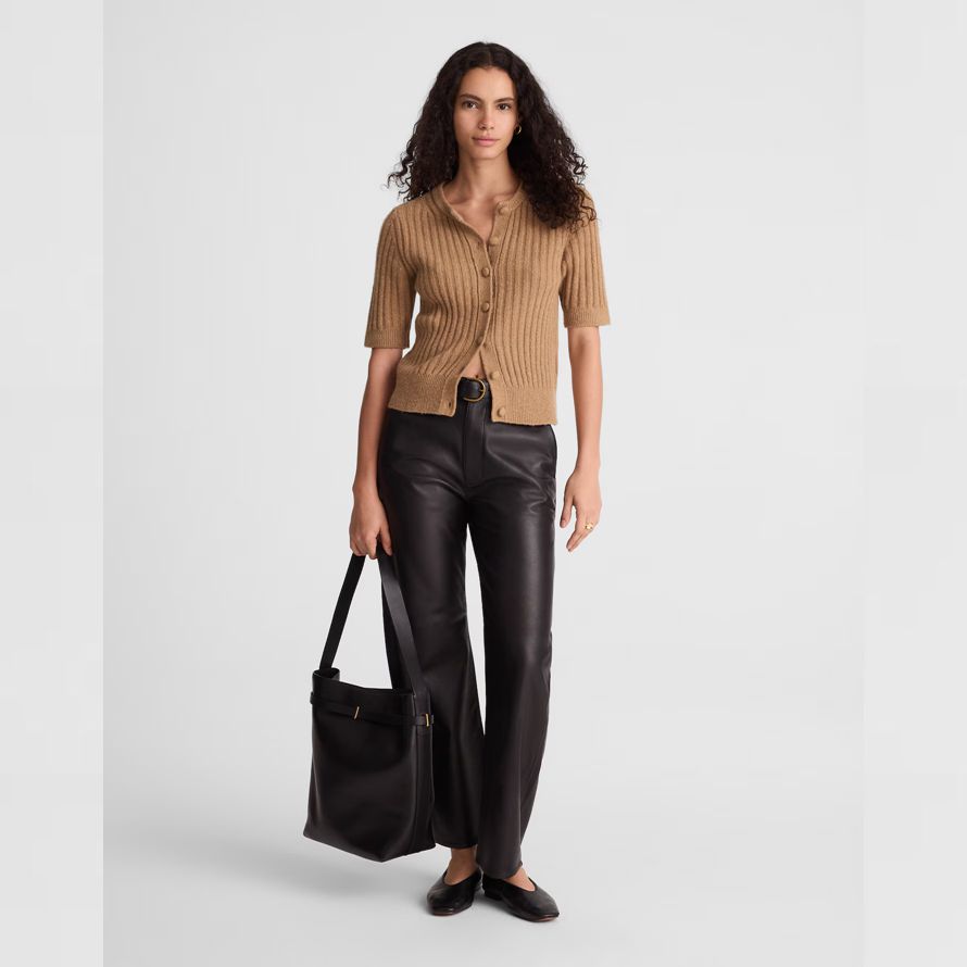 brown madewell short puff-sleeve womens cardigan