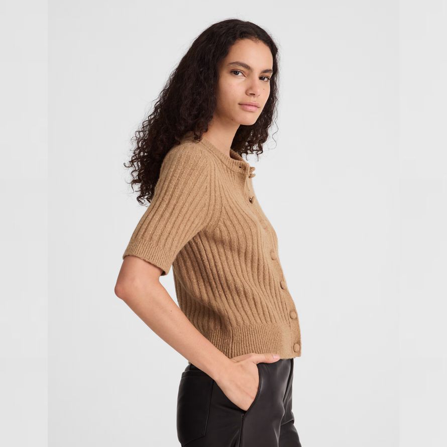 brown madewell short puff-sleeve womens cardigan
