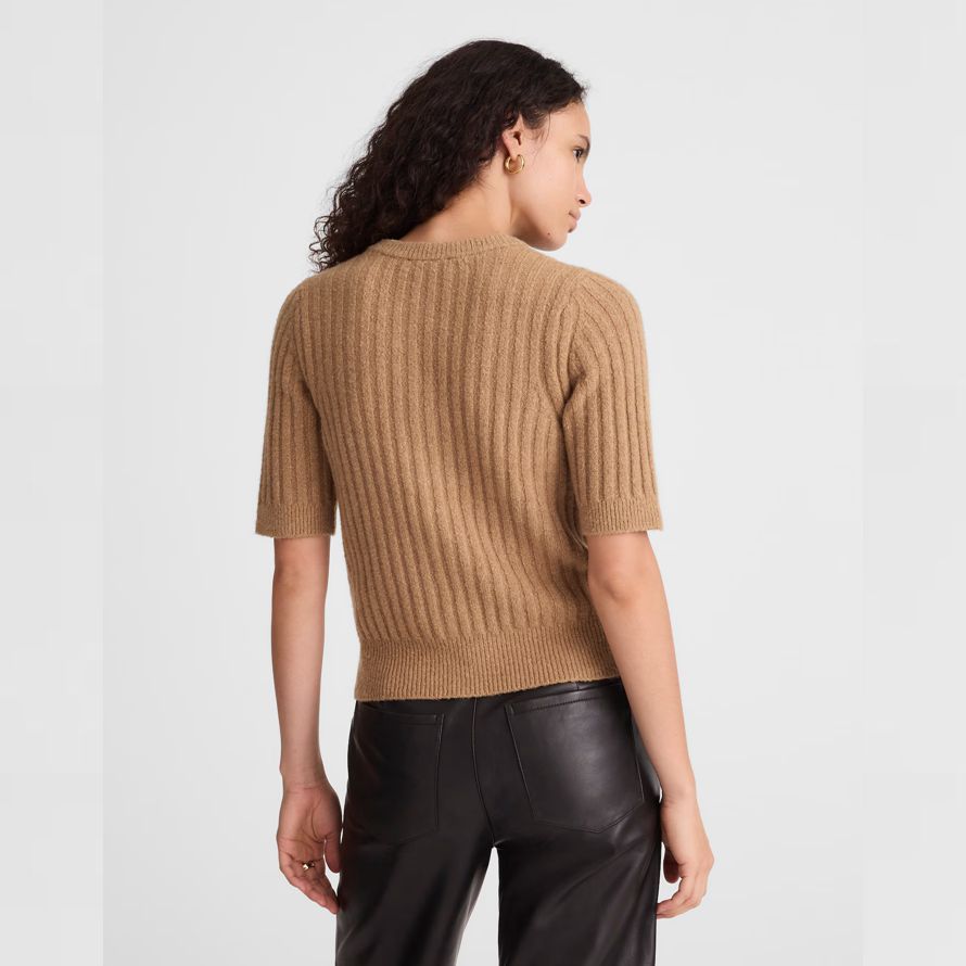 brown madewell short puff-sleeve womens cardigan