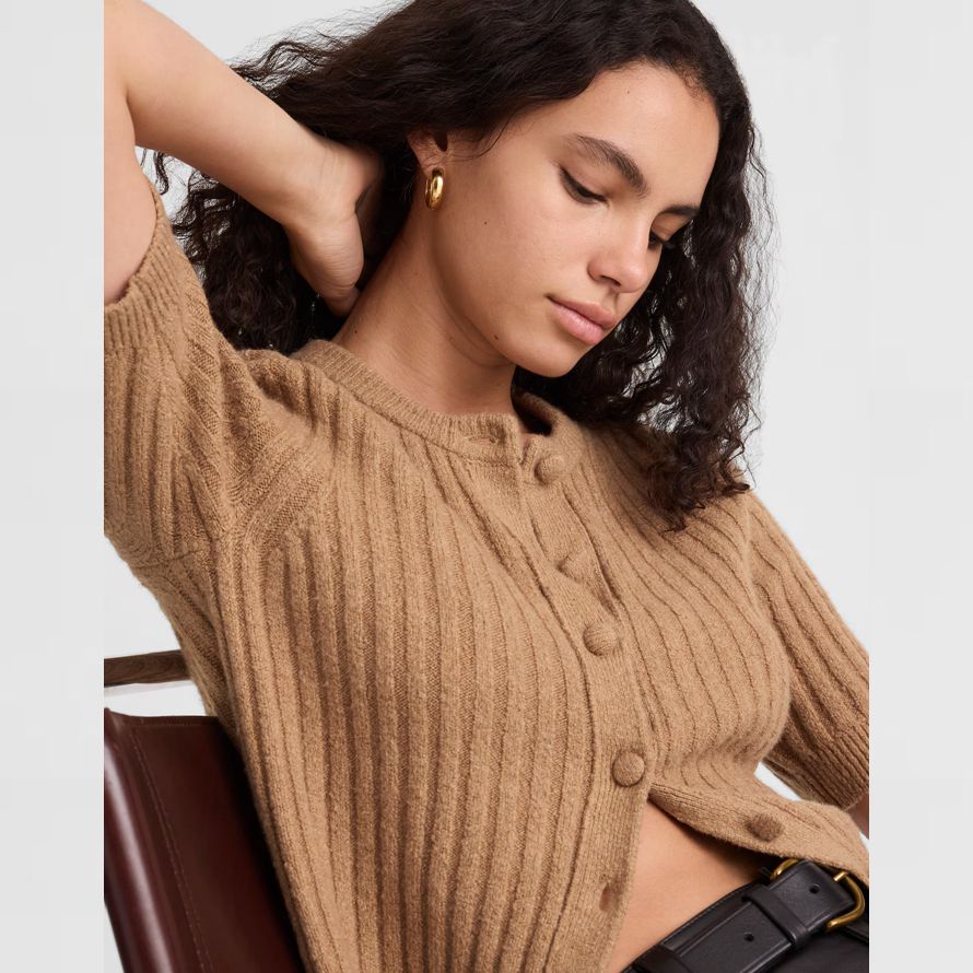 brown madewell short puff-sleeve womens cardigan