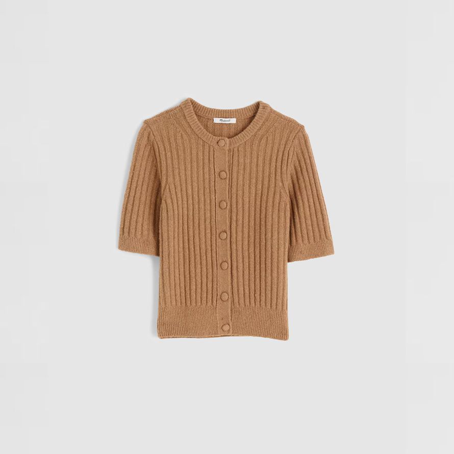 brown madewell short puff-sleeve womens cardigan