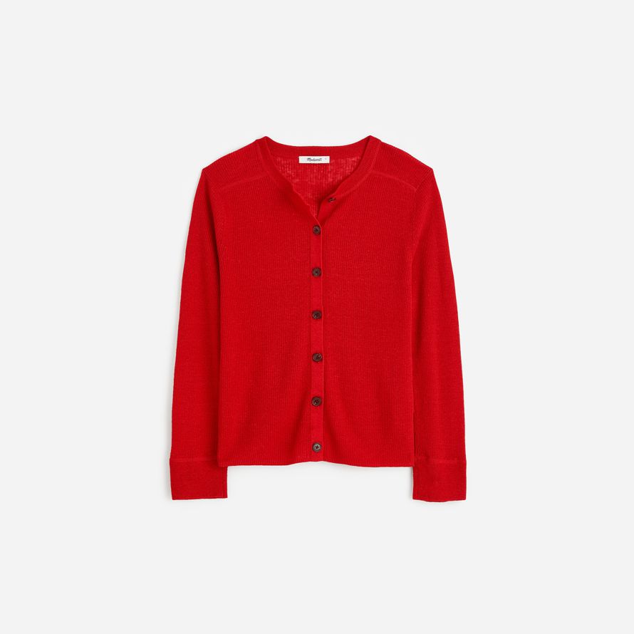 red womens madewell linen-blend crewneck cardigan
