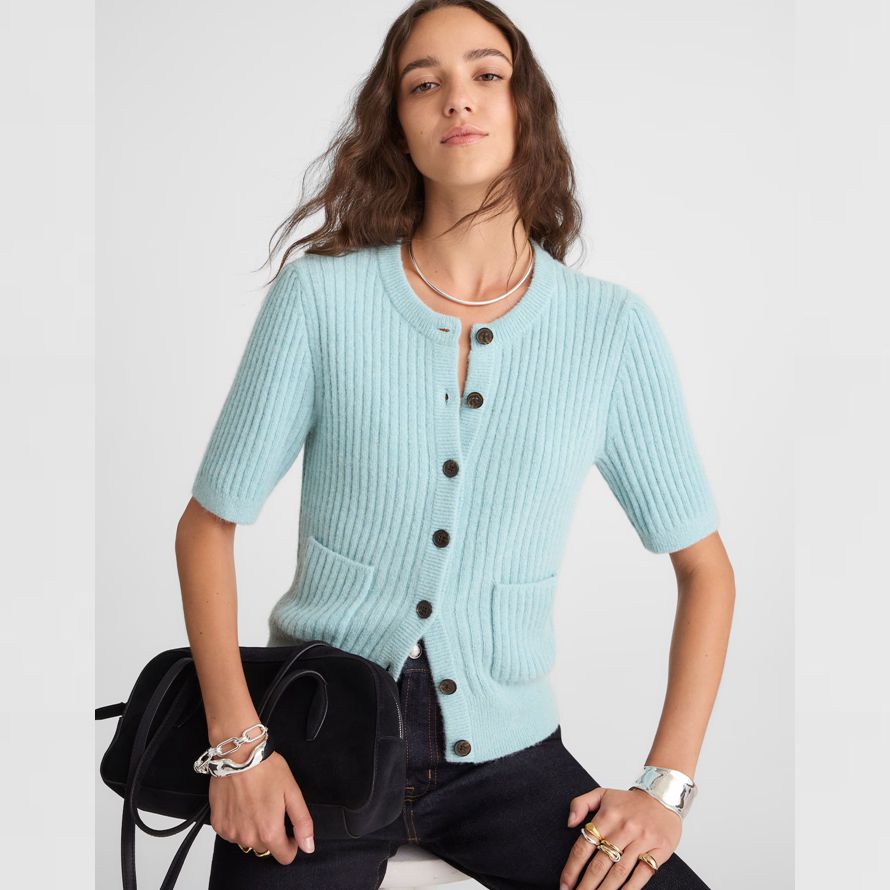 light blue womens madewell patch-pocket puff-sleeve cardigan