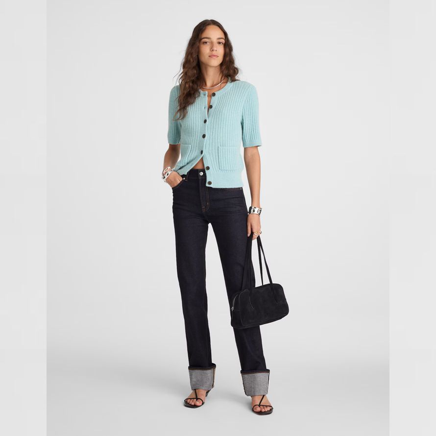 light blue womens madewell patch-pocket puff-sleeve cardigan