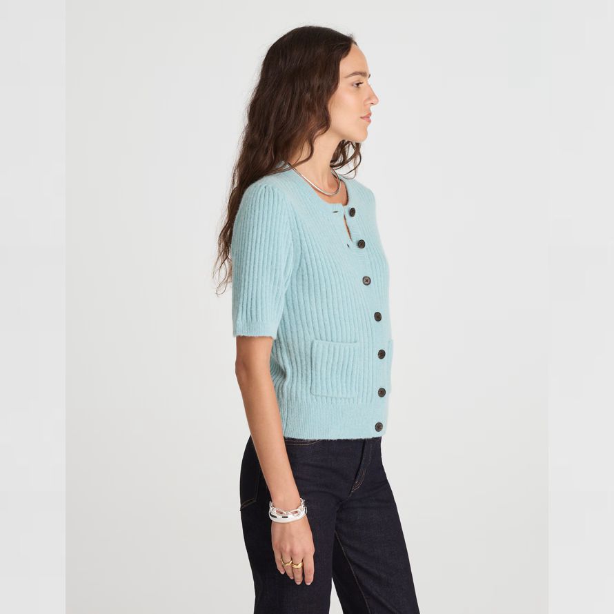 light blue womens madewell patch-pocket puff-sleeve cardigan